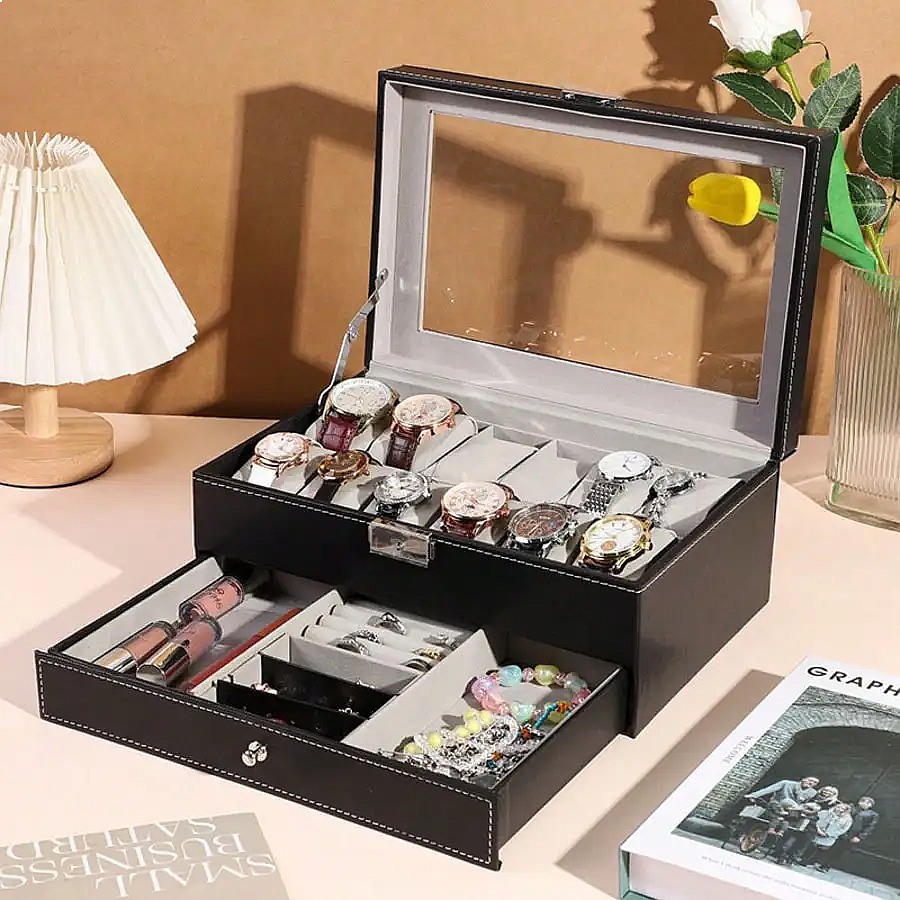 صندوق ساعات بـ 12 فتحة مع درج، - مراجعة Watch Display Box وسعره