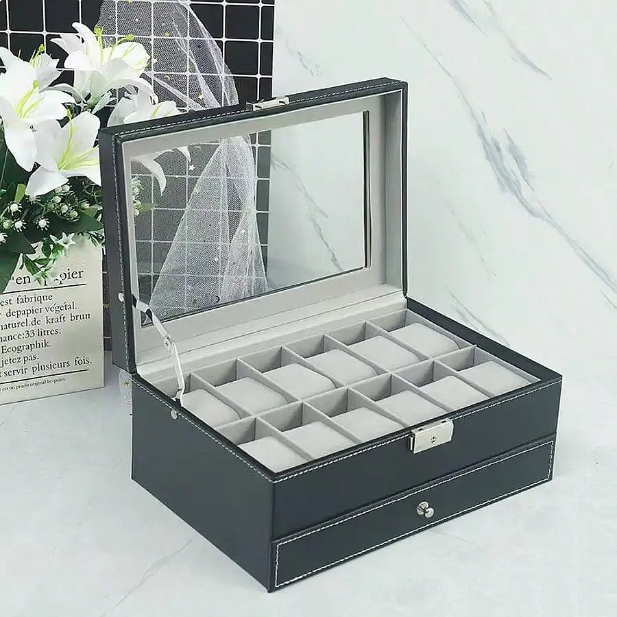صندوق ساعات بـ 12 فتحة مع درج، - مراجعة Watch Display Box وسعره